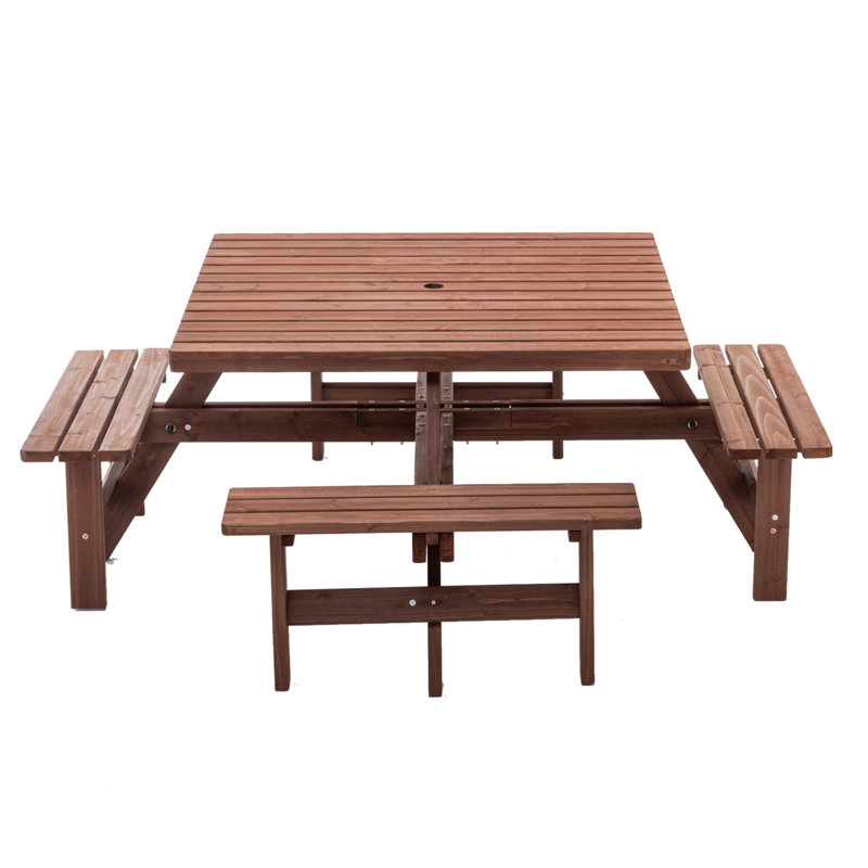 Table de pique-nique extérieure en bois 74 po pour 8 personnes avec trou pour parasol, Carrée
