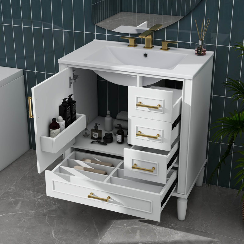 Meuble-lavabo de 30 pouces avec tablette intégrée, tiroir profond, tiroir standard et long tiroir de séparation, Blanc