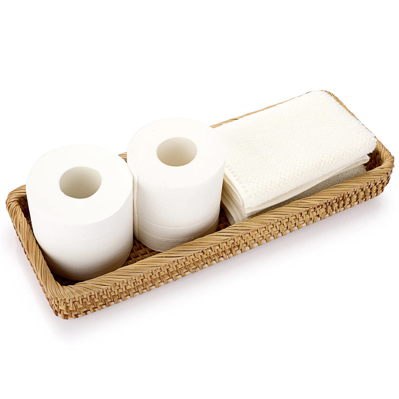 16 Inch Rattan Bathroom Vanity Tray - Decorative Wicker Toilet Tank Tray For Paper Hand Towel, Vintage Storage Basket Bin Vanity Countertop Table Shelf