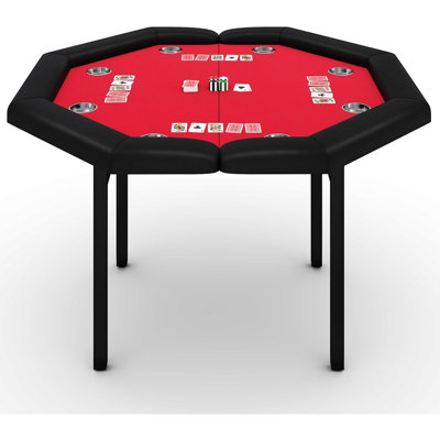 Table de poker 48 po pliable pour 8 joueurs, table Texas Holdem portable avec porte-gobelets en acier inoxydable et rails d'accoudoirs rembourrés, tables de casino octogonales pour soirées de jeux de casino, fêtes et clubs - rouge