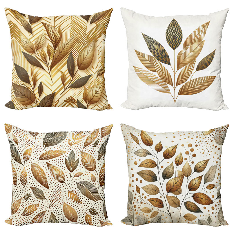Ginger Brown and Cream Leaf Print Polyester Pillow Covers, 20" x 20", Set of 4