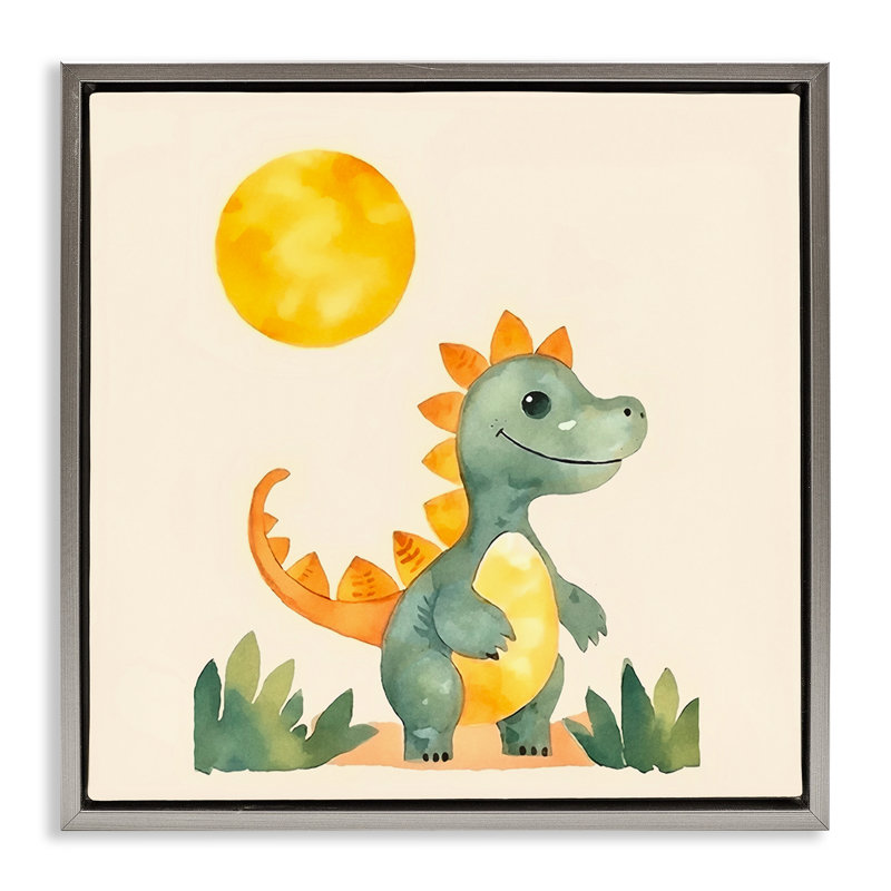 «Happy Dinosaur & Sun», art mural encadré flottant par Andrea Haase, Gris, H 25 po x l 25 po