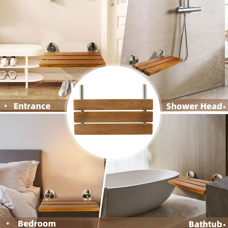 20" Wall-Mounted Teak Shower Bench, Folding Space-Saving Shower Seat With Brushed Nickel Frame