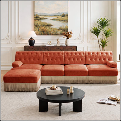 Canapé Chesterfield en L en velours avec jupe à pampilles et accoudoirs ergonomiques courbés pour animaux de compagnie