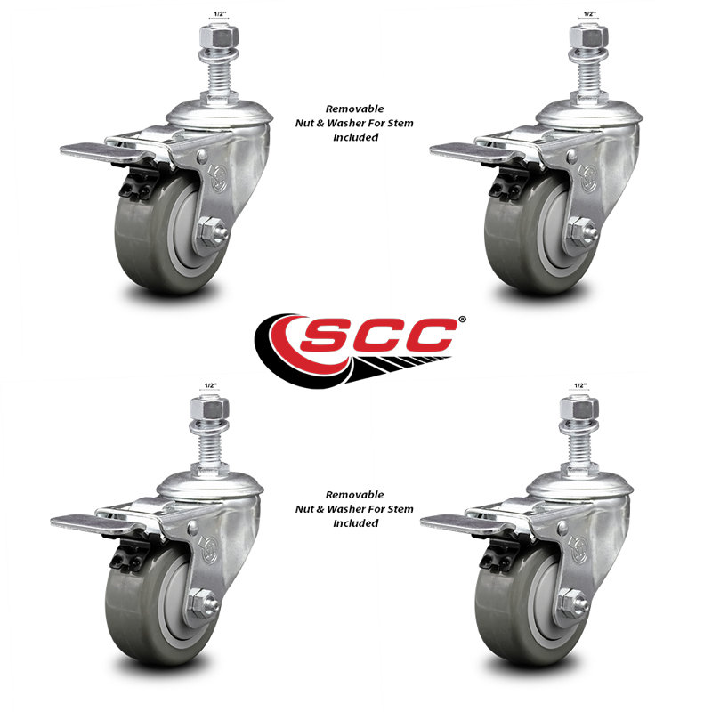 Polyurethane Swivel ½ Inch Stem Caster Set with Total Lock Brake