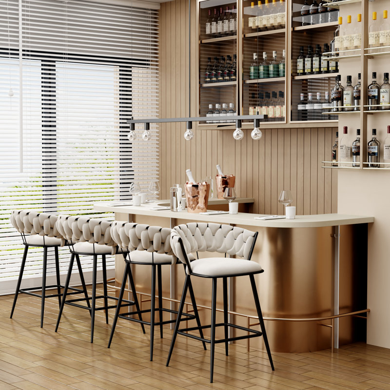Upholstered Counter & Bar Stool With Curved Weaving Design (Set Of 4), Counter Stool (24” Seat Height), Ivory