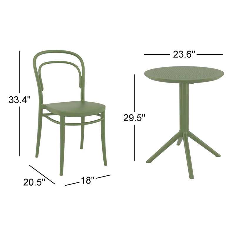 Ensemble bistro 3 pièces avec chaises empilables l 23,6 po Farrah, Vert olive