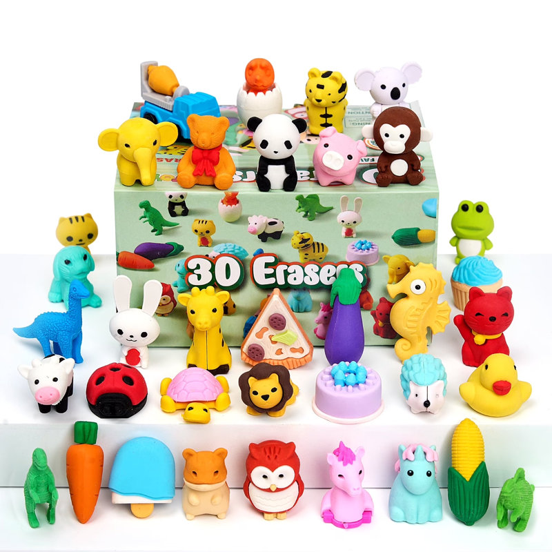 36 gommes à effacer 3D pour enfants, aliments et animaux, gommes à effacer en vrac, mini gommes amusantes et mignonnes pour crayon, animaux de bureau, prix en classe, cadeaux de fête d'anniversaire, jouets de boîte à trésor, cadeaux pour garçons