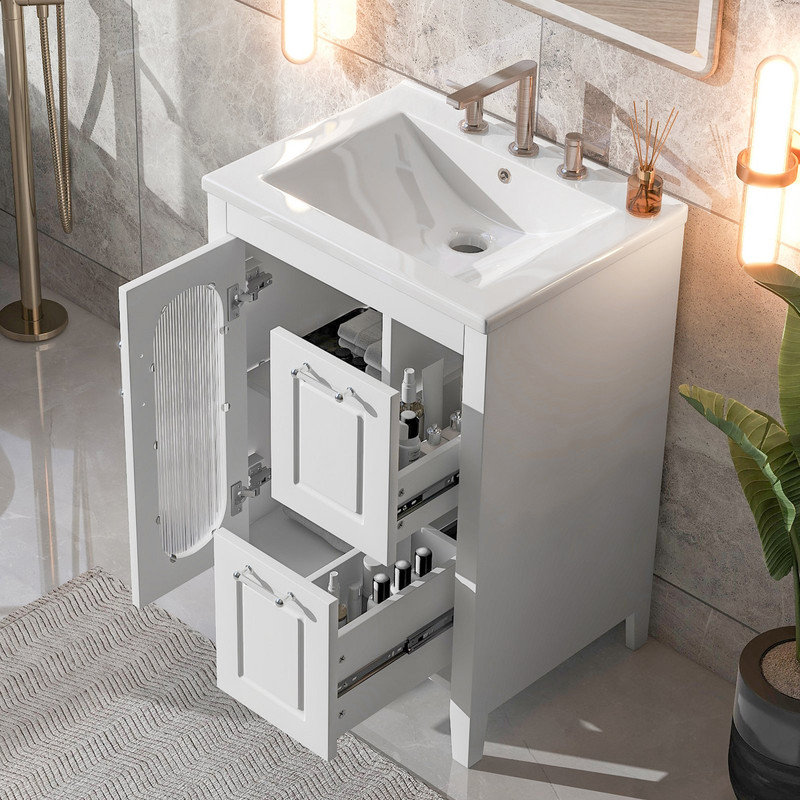 24"  Single Bathroom Vanity with Ceramic Integrated Sink Combo, Soft Closing Glass Doors, Bathroom Dresser, White
