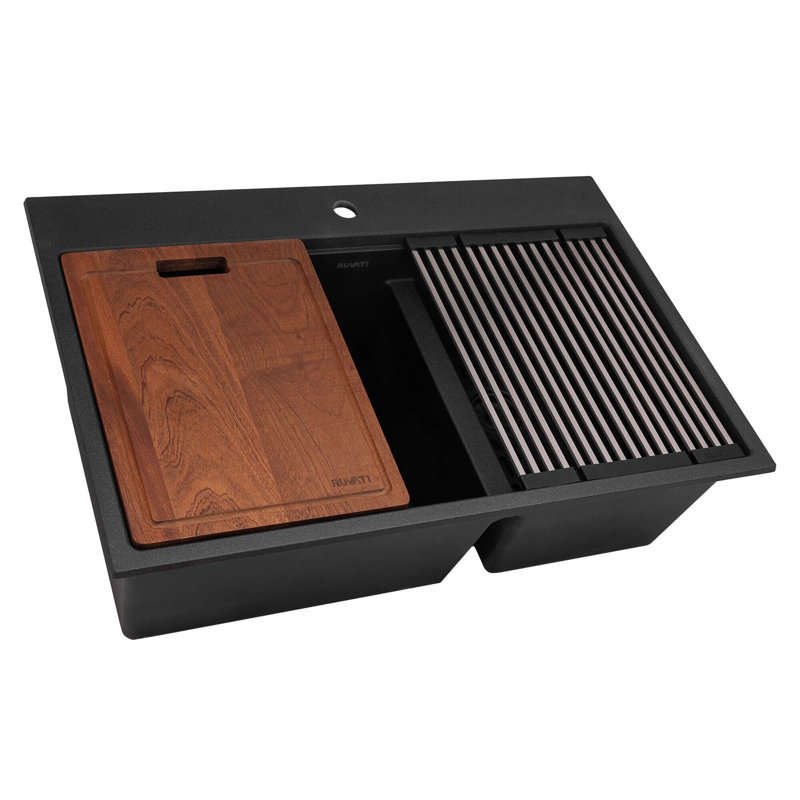 Ruvati 33-inch epiRock Workstation Double Bowl Topmount Kitchen Sink, Charcoal Black