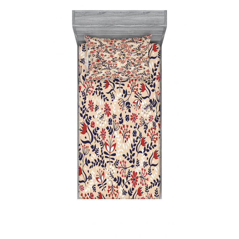 Microfiber Floral Sheet Set, Twin Sheet Set + Fitted Sheet + 1 Pillowcase, Beige/Black/Red Floral
