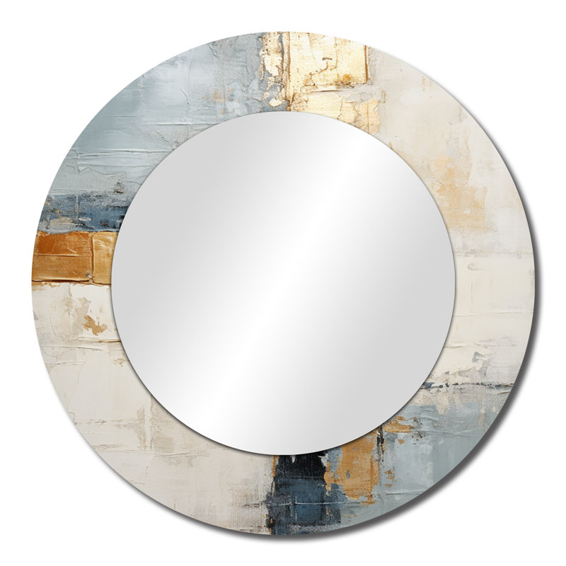Abstrait collage doré beige sur route - miroir décoratif rond contemporain, impression métallique, 23 po x 23 po