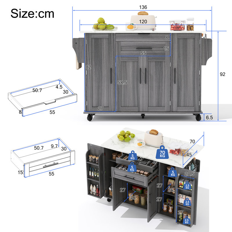 Wood Kitchen Island, Grey/White