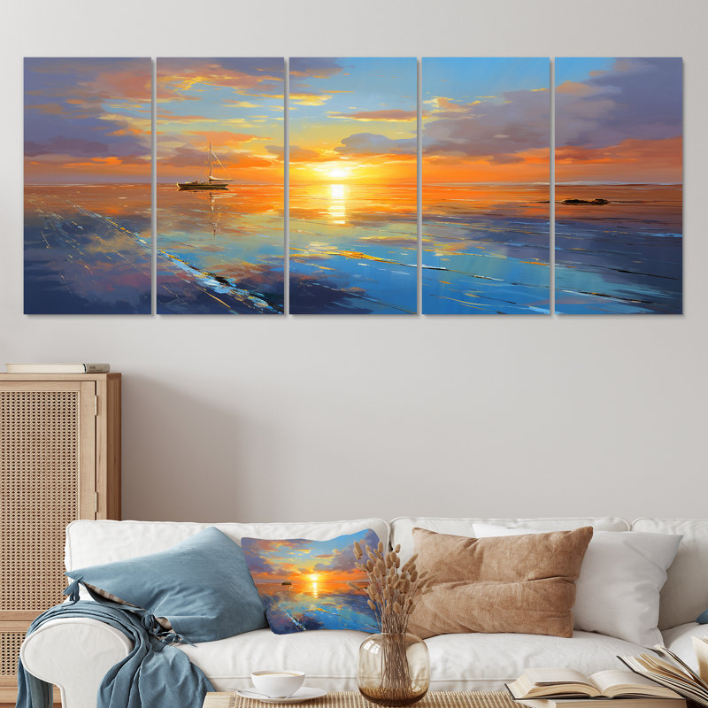 «Little Boat At The Infinite Ocean Sunset», ensemble d'art mural 5 pièces, H 28 po x l 60 po