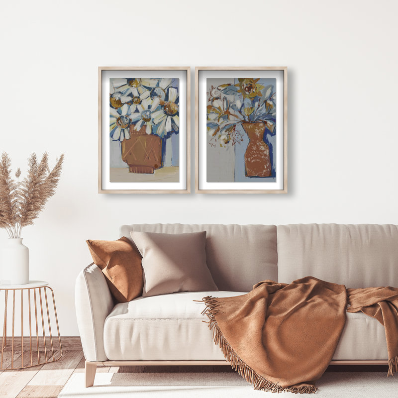 Abstract Flowers Set Shadowbox Abstract Print by Oliver Gal, Black Frame, 10 x 15, 31" H x 21" W, Natural Oak Shadowbox