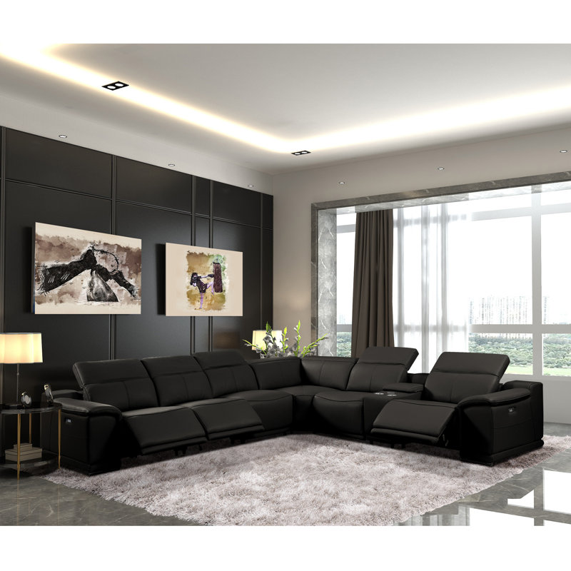 Zika 7PCS Modern Motion Reclining Sectional Sofa, Black Genuine Leather
