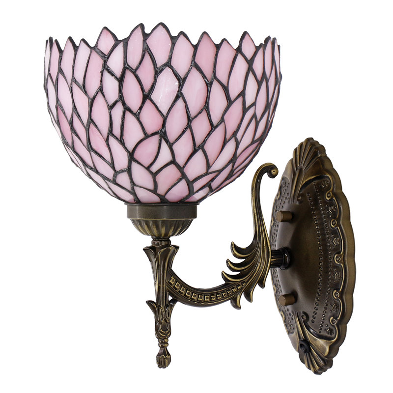 Tiffany Wall Sconce Lamp Stained Glass 8X10.5X11 Inch Plug in Wall Bedside Light for Hallway Bedroom (Pink Wisteria Style)
