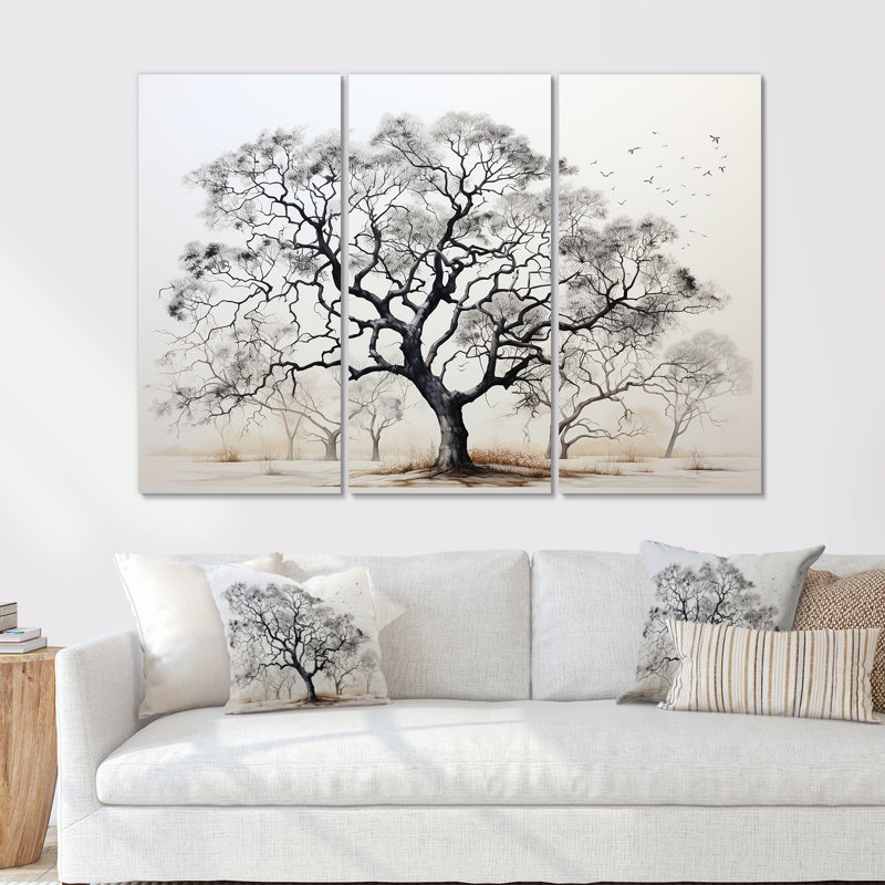 Minimalisme noir et blanc avec arbres en chêne III - ensemble d'art mural sur toile chêne, H 40 po x l 60 po x P 1 po