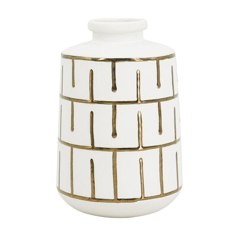 Round White Ceramic Vase with Gold Motif, 8.5" H x 5.7" W x 5.7" D