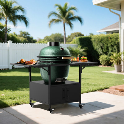 Table de barbecue extérieure en métal pour barbecue de style gros œuf, comprenant des planches latérales pliables, supportant des grils de grande taille et similaires, fabrication en fer robuste, rangement pour outils spacieux, assemblage rapide, mobile