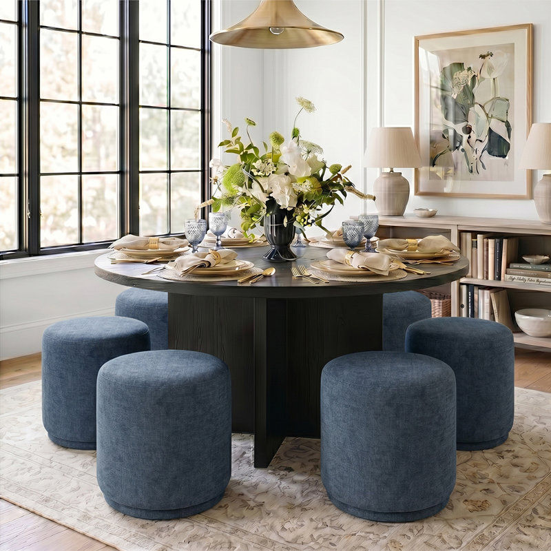 Ensemble de salle à manger rond avec 6 tabourets rembourrés, Noir, Bleu