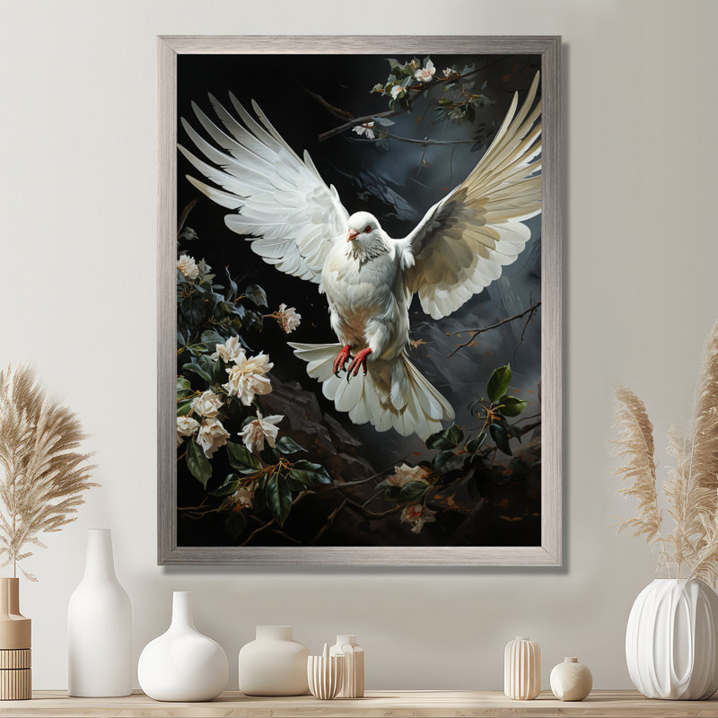 «White Dove Messenger» - art mural colombe, Cadre flottant noir, H 44 po x l 34 po x P 1,5 po