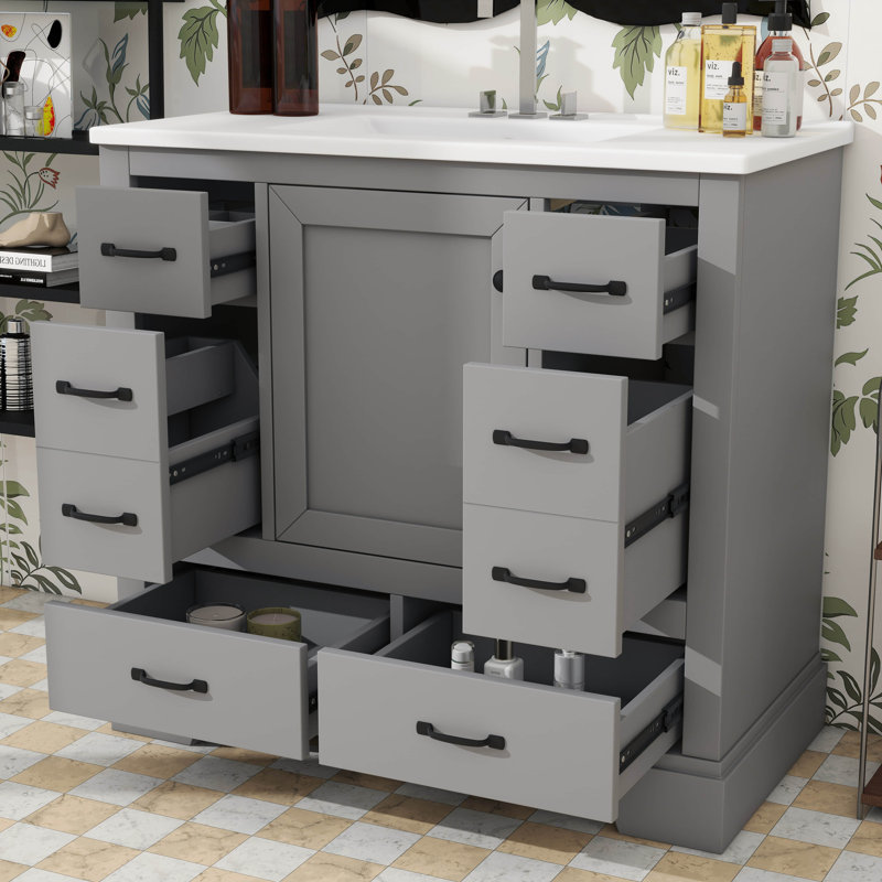 Base de meuble-lavabo 36 po seulement - Six tiroirs avec séparateur multifonctionnel et tablette réglable, Grey/Black
