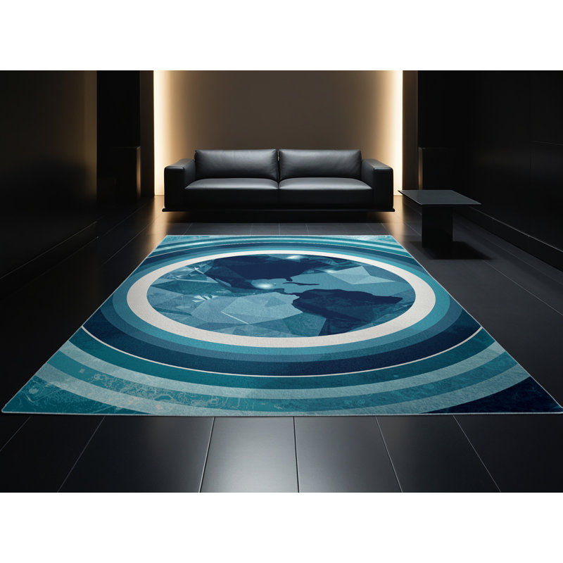 Machine Washable Pavlo Global Inspired Geometric Rug in Blue – SkyBlue Binding, 2 x 4