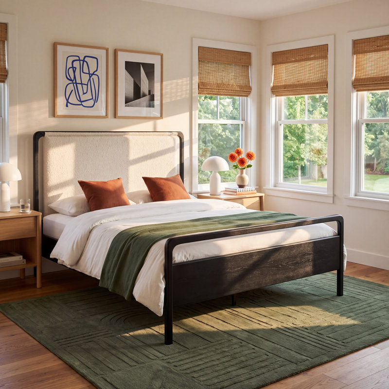 Karsten Upholstered Top Grain Leather Standard Bed, King, Knoll Sand/Ebony Oak Veneer