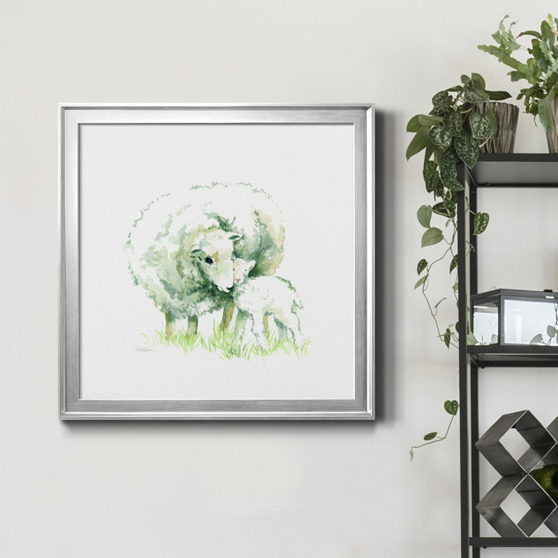 Mouton et agneau - Peinture sur toile encadrée, H 17,5 po x l 17,5 po x P 1,5 po, Encadrement argenté