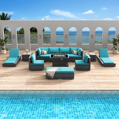 Jiovonni 13-Piece Deep Seating Patio Sectional Conversation Seating Group with 60,000 BTU Fire Pit Table & Chaise Lounges (10-Seat)