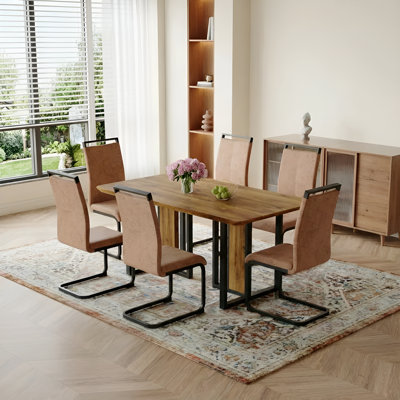 CasaMod Modern Industrial Rectangular Dining Table Set with 6 Upholstered Cantilever Chairs