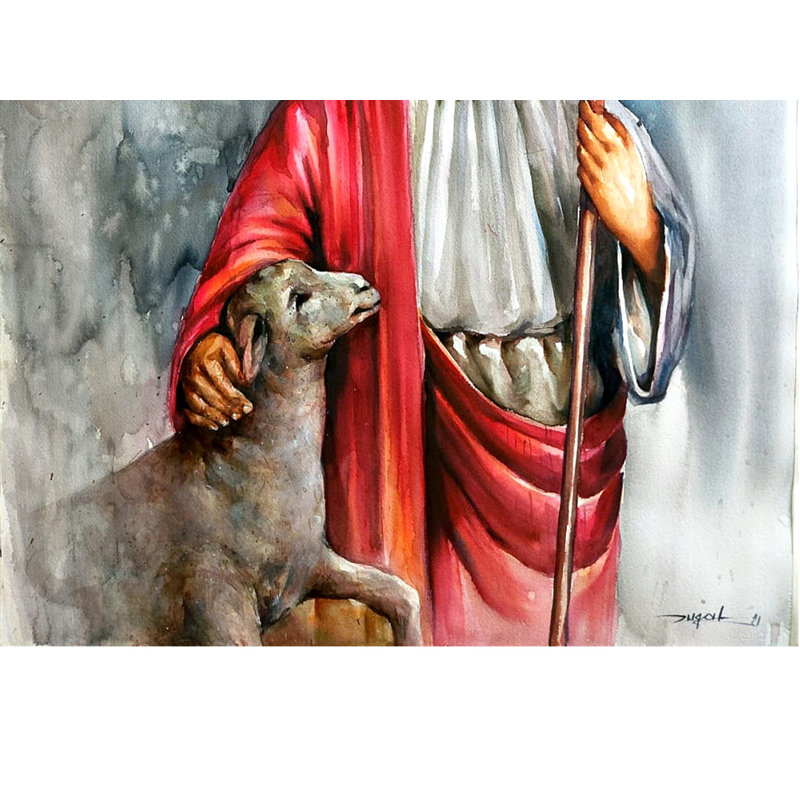Jésus-Christ se douchant sur un agneau | Aquarelle | Peinture de Jugal Sarkar