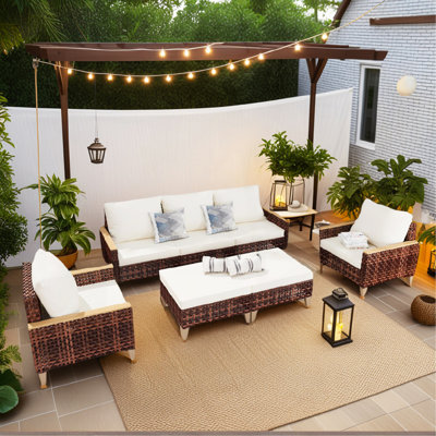 Ensemble de meubles de terrasse en rotin évidé à pieds hauts, 5 pièces, 7 sièges, ensemble de canapé avec coussin, coussin épais de 4 pouces, blanc