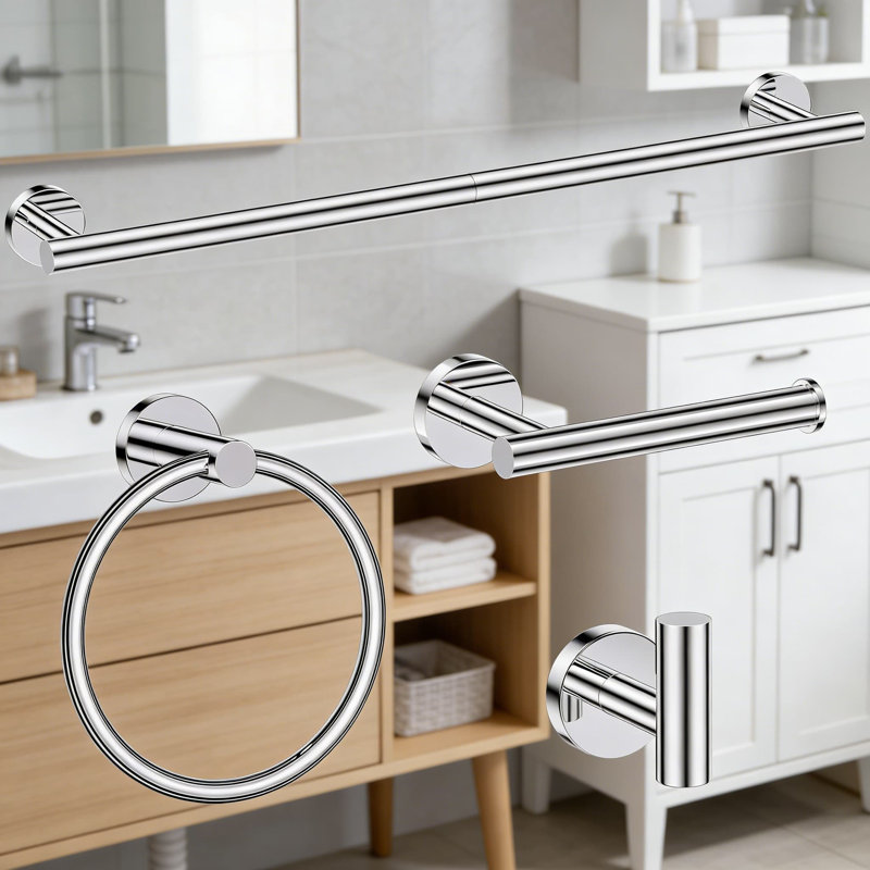 4-Piece Chrome Bathroom Hardware Set With Towel Bar, Toilet Paper Holder, Towel Ring, And Hook - Stainless Steel Wall Mounted Accessories Kit