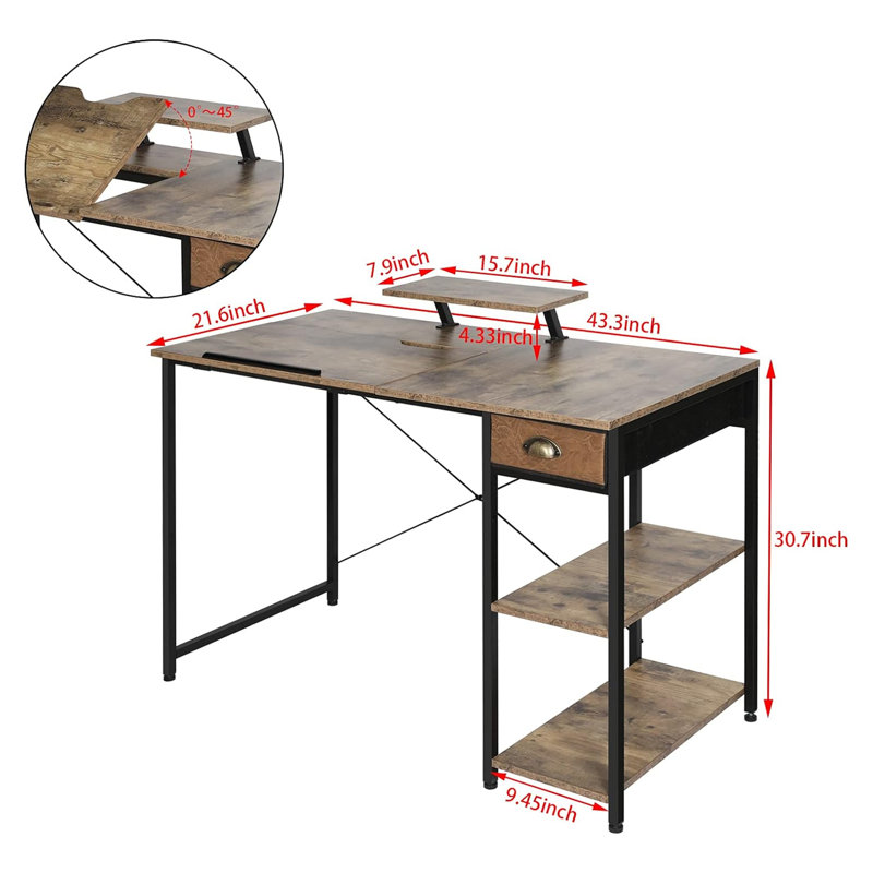 Bureau à domicile 43 po avec support pour moniteur, table à dessin réglable et inclinable