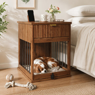 Table de bout pour chien avec station de charge, meuble pour chenil en bois avec porte en verre trempé dissimulé, table d'appoint multifonctionnelle pour animaux avec tiroir de rangement, maisonnette pour petit chien moyen