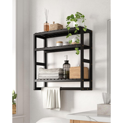 Over Toilet Storage Shelf With Towel Bar - 3 Tier Floating Wall Mounted Bathroom Organizer For Towels, Toilet Paper & Essentials - Space Saving Bamboo Shelving For Bathroom, Laundry Room & Kitchen
