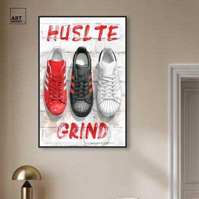 «Hustle Grind Brick Wall Sneaker», impression sur toile par Art Remedy, cadre noir, 30 x 45