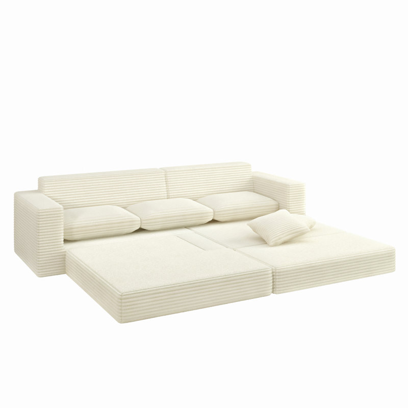 L-shaped Corduroy Modular Akuna With A Left-facing Seating Configuration, Which Can Be Converted Into A Bed., Beige Corduroy