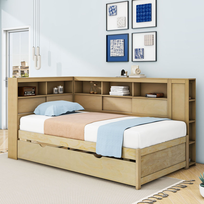 Lit de jour simple en bois avec couchette simple, tablettes de rangement et chargement USB, Naturel