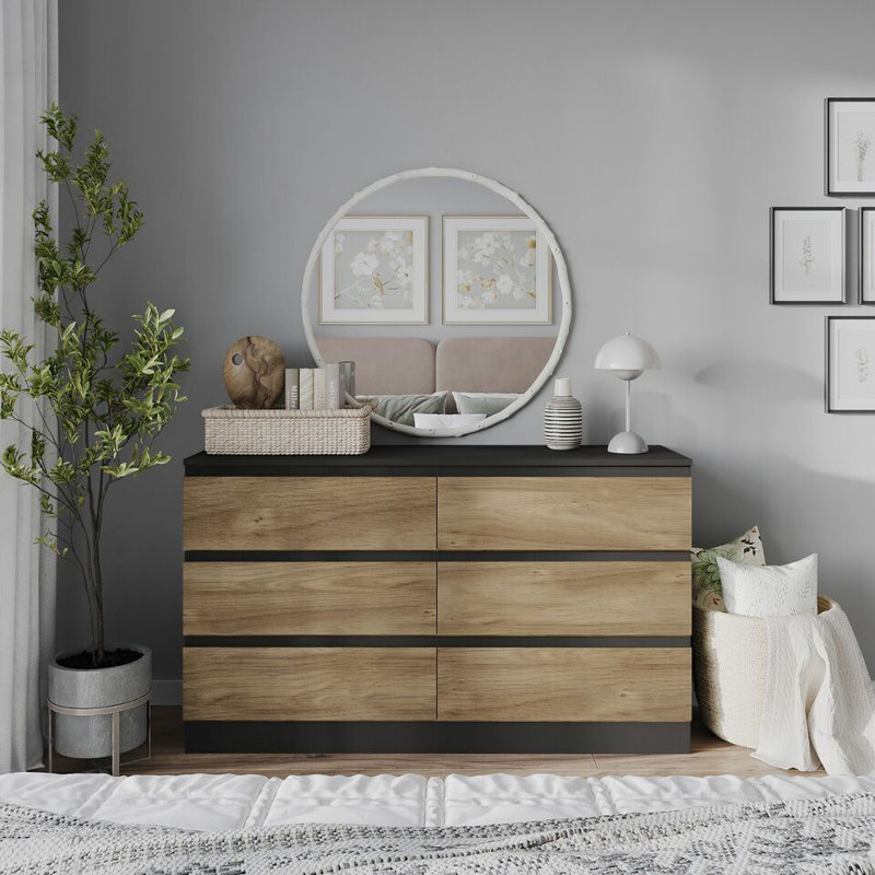 Sreyan Solid Wood 6 - Drawer Rectangle Accent Chest, Black/Oak