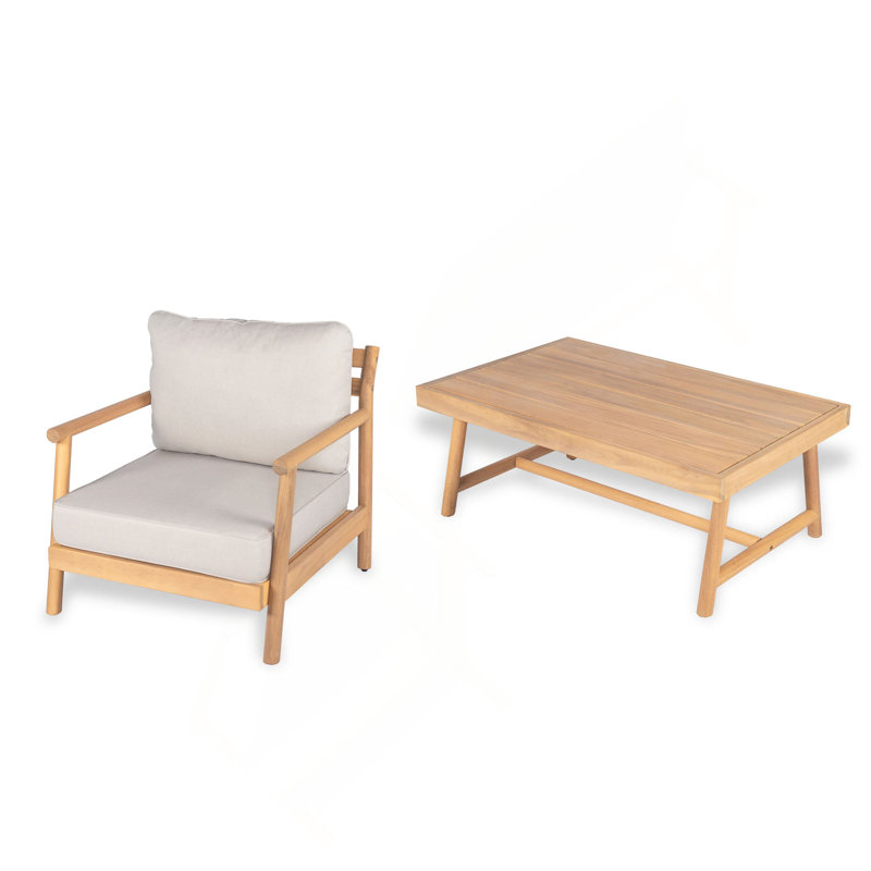 Ensemble de conversation, fauteuil club et table basse en bois d'acacia de patio avec coussin résistant à l'eau