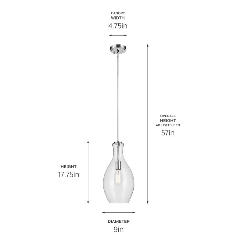 17.75" 1-Light Bell Pendant with Clear Seeded Glass, Chrome