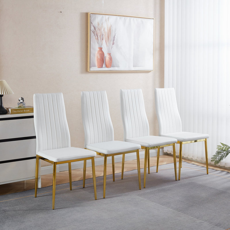 Ensemble de 4 chaises, pattes de couleur dorée, siège blanc, Blanc