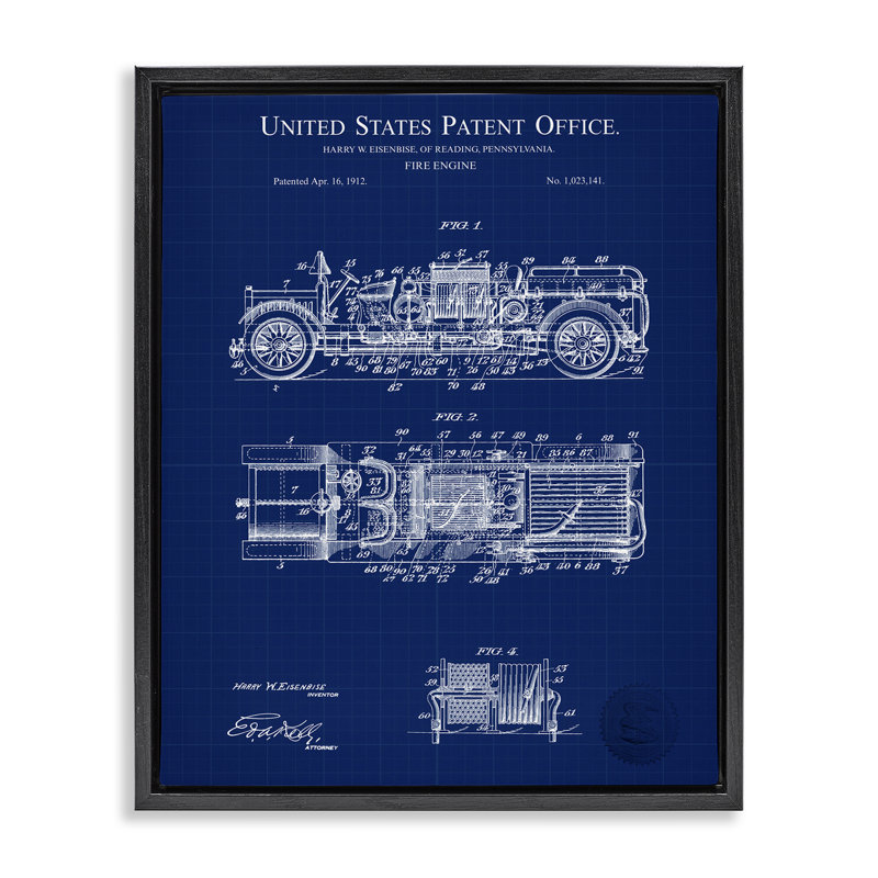 "Fire Engine Blueprint", art mural sur toile flottante par Karl Hronek, Cadre flottant noir de jais, H 21 po x l 17 po