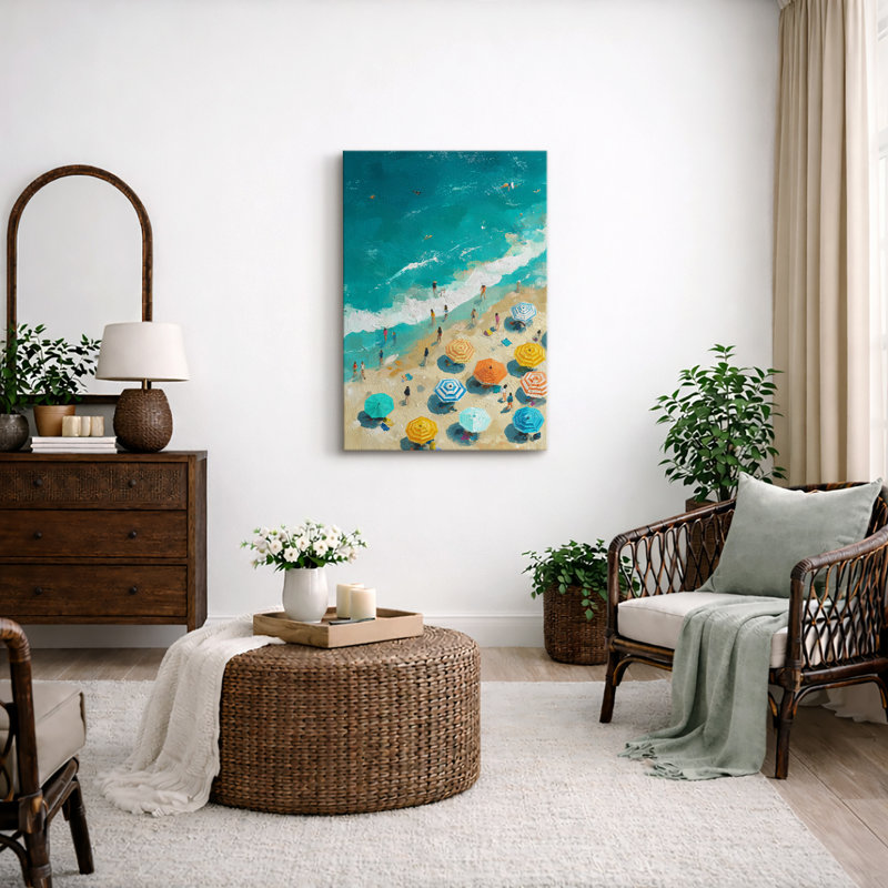 Colorful Beach Umbrella Coastal Scene Artwork, Summer Seaside Aerial View Pictures, Framed Canvas Giclee Print Wall Art