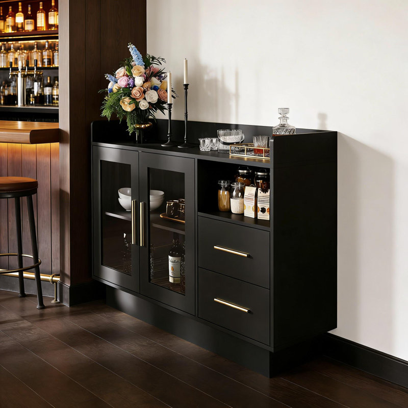 Armoire à vin avec lumières DEL, tiroirs, portes doubles en verre durables et conception anti-basculement, pour la cuisine, le salon, la salle à manger