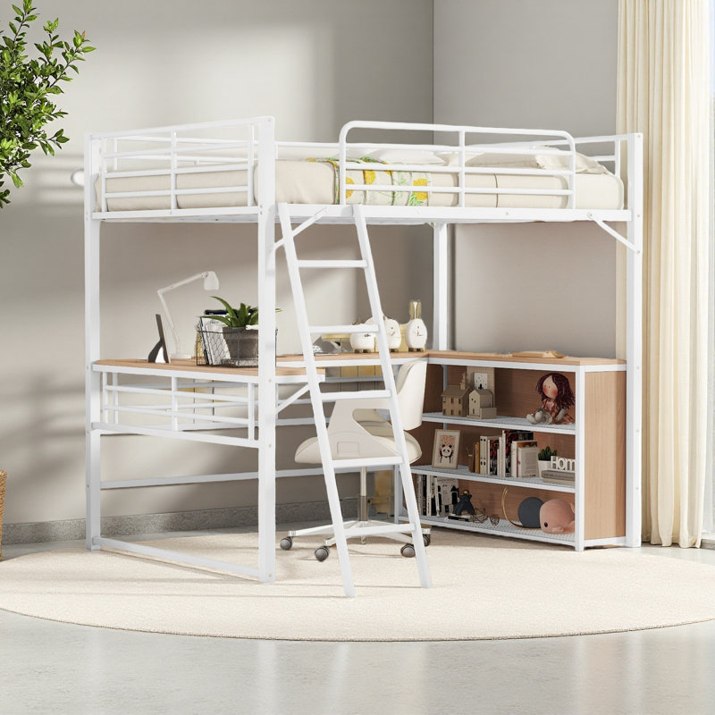Metal Loft Bed With 3 Layers Of Shelves And L-Shaped Desk, Full, White