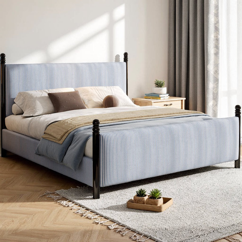 Lit plateforme tapissier de 48 po avec tête de lit rayée noire et bleue, structure en bois d'hévéa massif, pieds rétro sphériques, capacité de 800 lb, conception silencieuse et moderne pour chambre à coucher